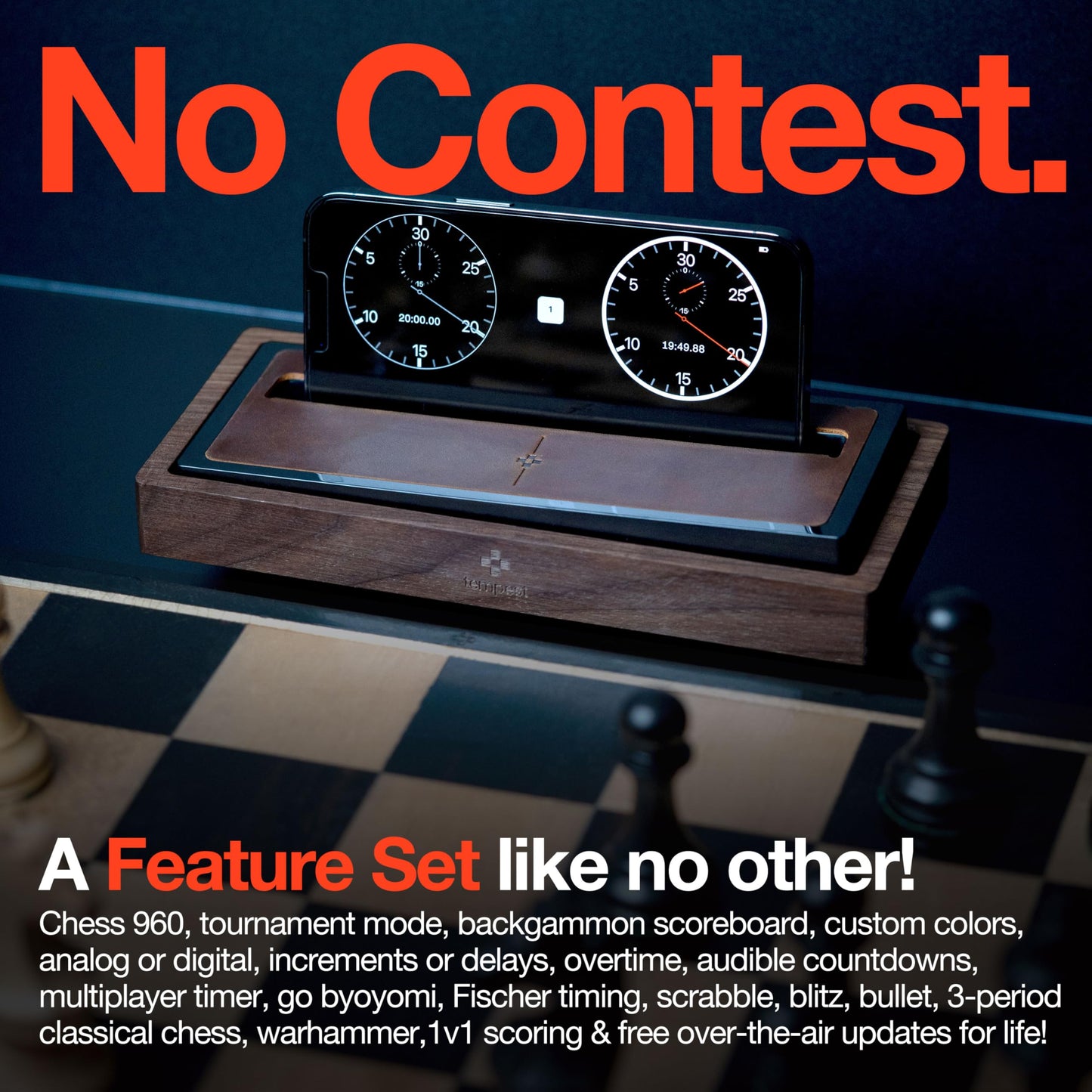 Tempest Deluxe Chess Clock (App & Dock Hybrid) – Solid Walnut & Genuine Leather | Transform Your Phone into a Premium, Customizable Game Timer | iOS & Android App + Deluxe Dock