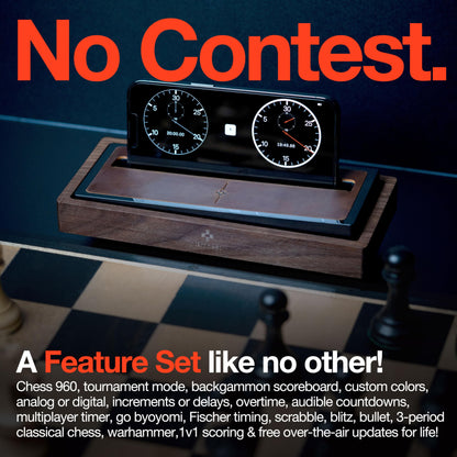 Tempest Deluxe Chess Clock (App & Dock Hybrid) – Solid Walnut & Genuine Leather | Transform Your Phone into a Premium, Customizable Game Timer | iOS & Android App + Deluxe Dock