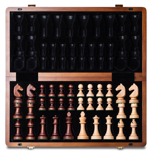 A&A 15" Magnetic Wooden Chess Set, Handmade 3" King Height Knight Staunton Chess Pieces with 2 Extra Queen, Folding Portable Travel Game Set