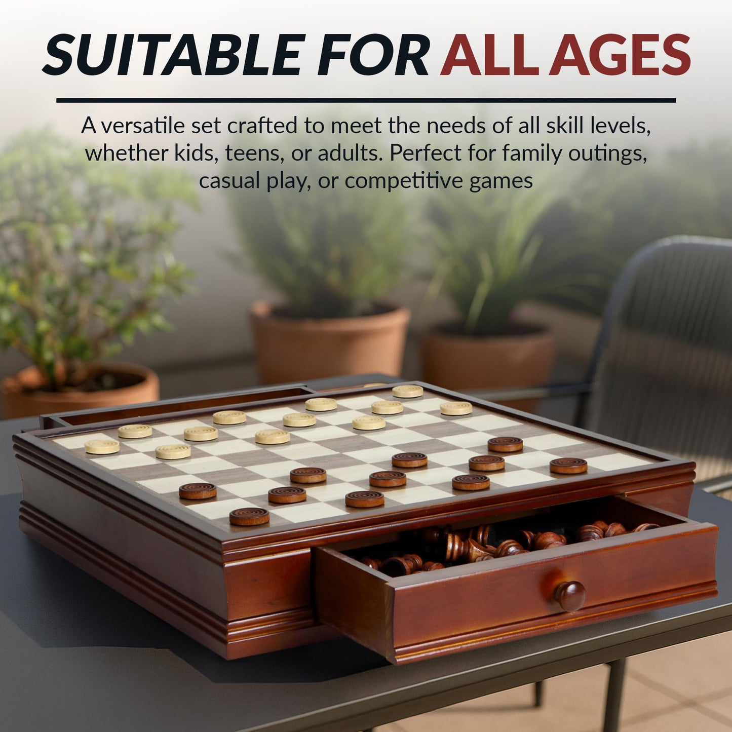 Hathaway Prodigy 19-in Wooden Chess and Checkers Set – Hardwood Board with Hand-Carved Pieces, Built-in Storage Drawers - Complete Wooden Chess Set - Walnut and Maple Finish