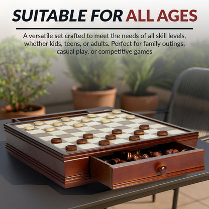 Hathaway Prodigy 19-in Wooden Chess and Checkers Set – Hardwood Board with Hand-Carved Pieces, Built-in Storage Drawers - Complete Wooden Chess Set - Walnut and Maple Finish