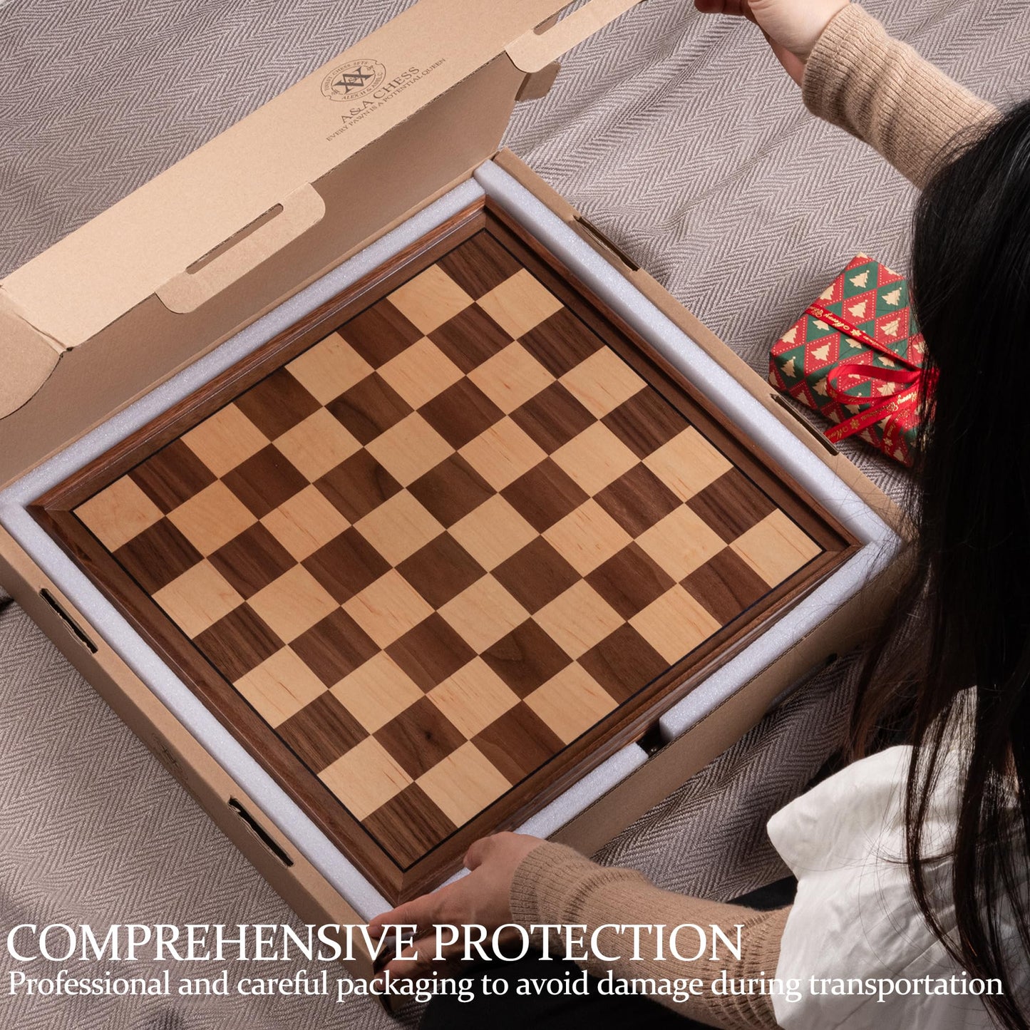 A&A 15 inch Walnut Wooden Chess Sets with Storage Drawer, Triple Weighted Chess Pieces,3.0 inch King Height,Walnut Box,Walnut & Maple Inlay, 2 Extra Queen,Classic 2 in 1 Chess and Checkers Board Games